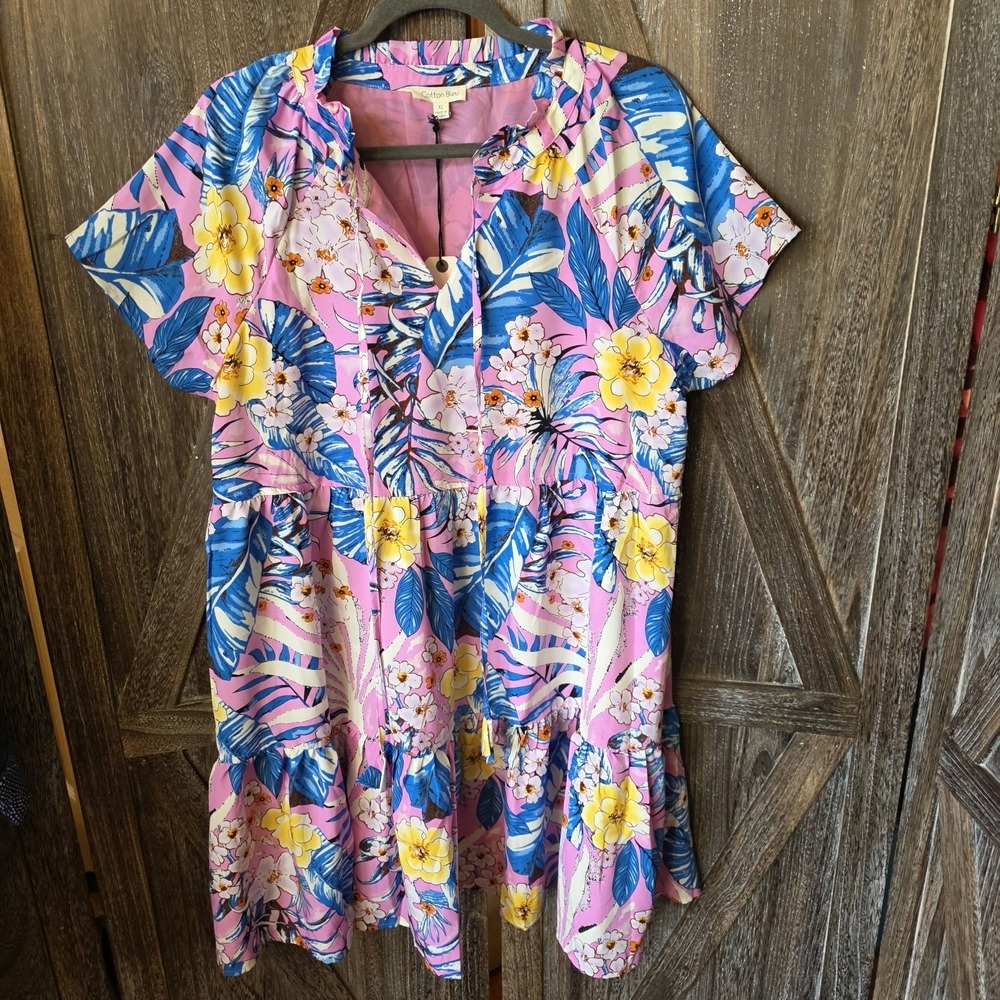 Cotton Bleu Dress Women's Size XL Multi Color Floral Ruffle Neckline Lightweight